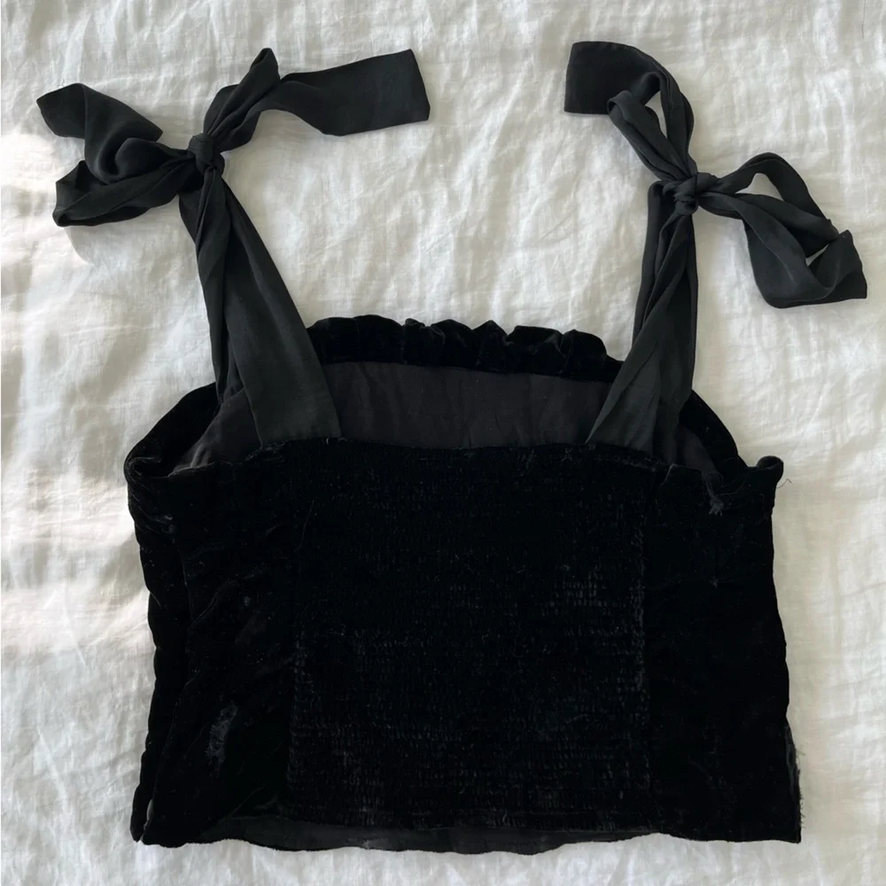 Free People Black Textured Crop Top with Ribbon Detail - Picture 2 of 4